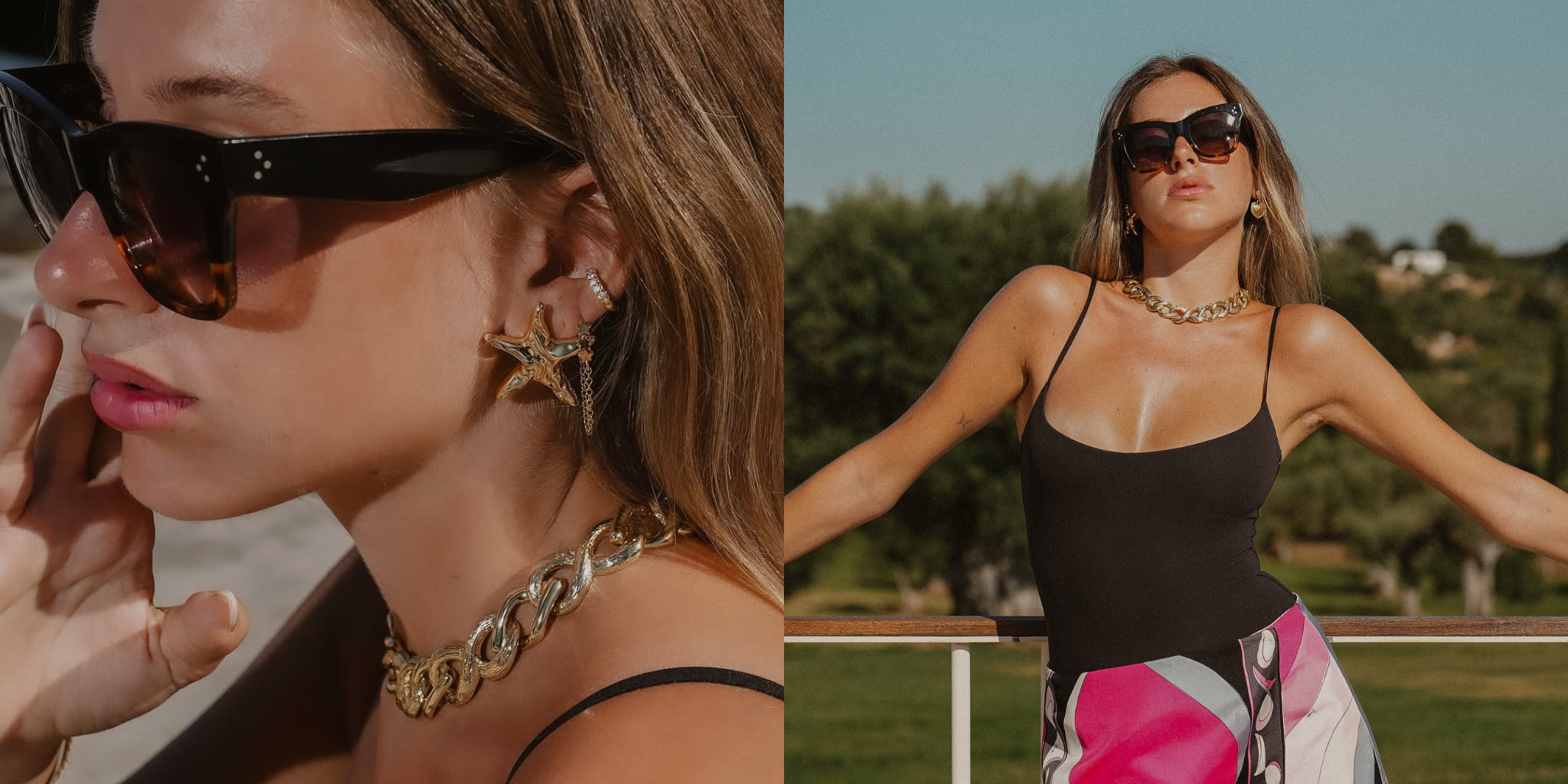 Woman wearing sunglasses and a black top with a colorful skirt outdoors.