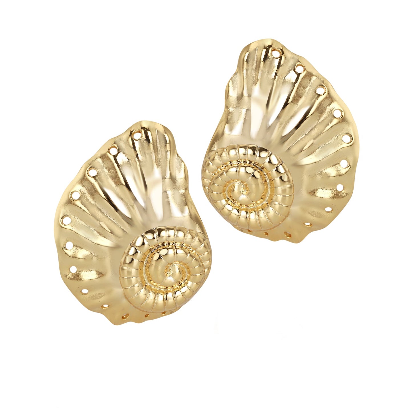 A pair of gold-colored earrings with a shell-inspired design, featuring intricate detailing and a glossy finish.