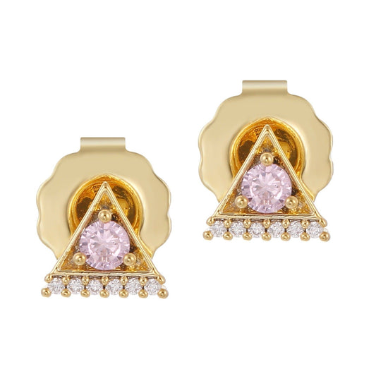 A pair of gold-colored earrings with pink gemstone accents, designed in a geometric triangle shape, displayed against a white background.
