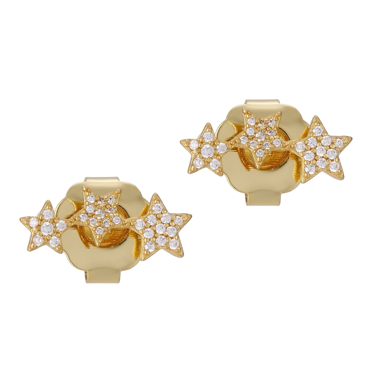 A pair of gold-colored earrings featuring a star-shaped design with embedded stones.