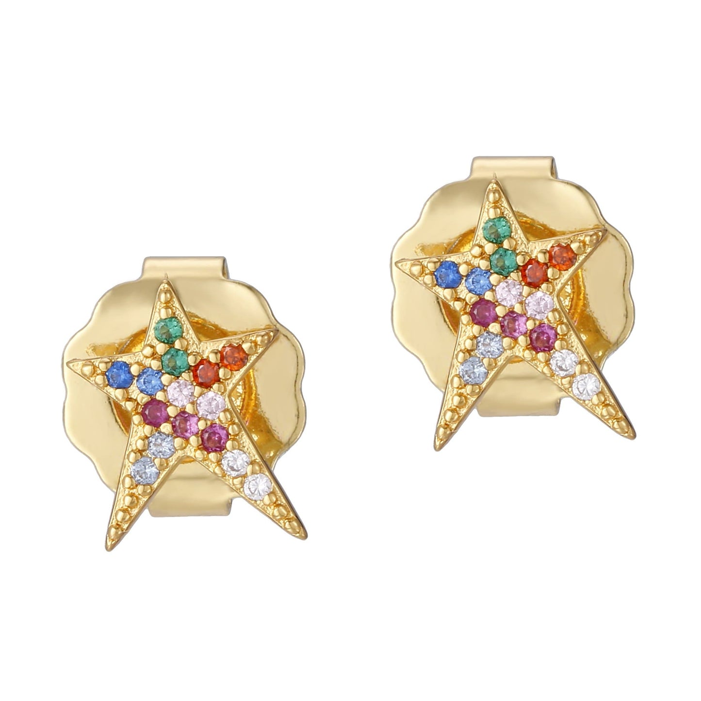 A pair of gold-colored earrings featuring a star-shaped design with multiple colored gemstones.