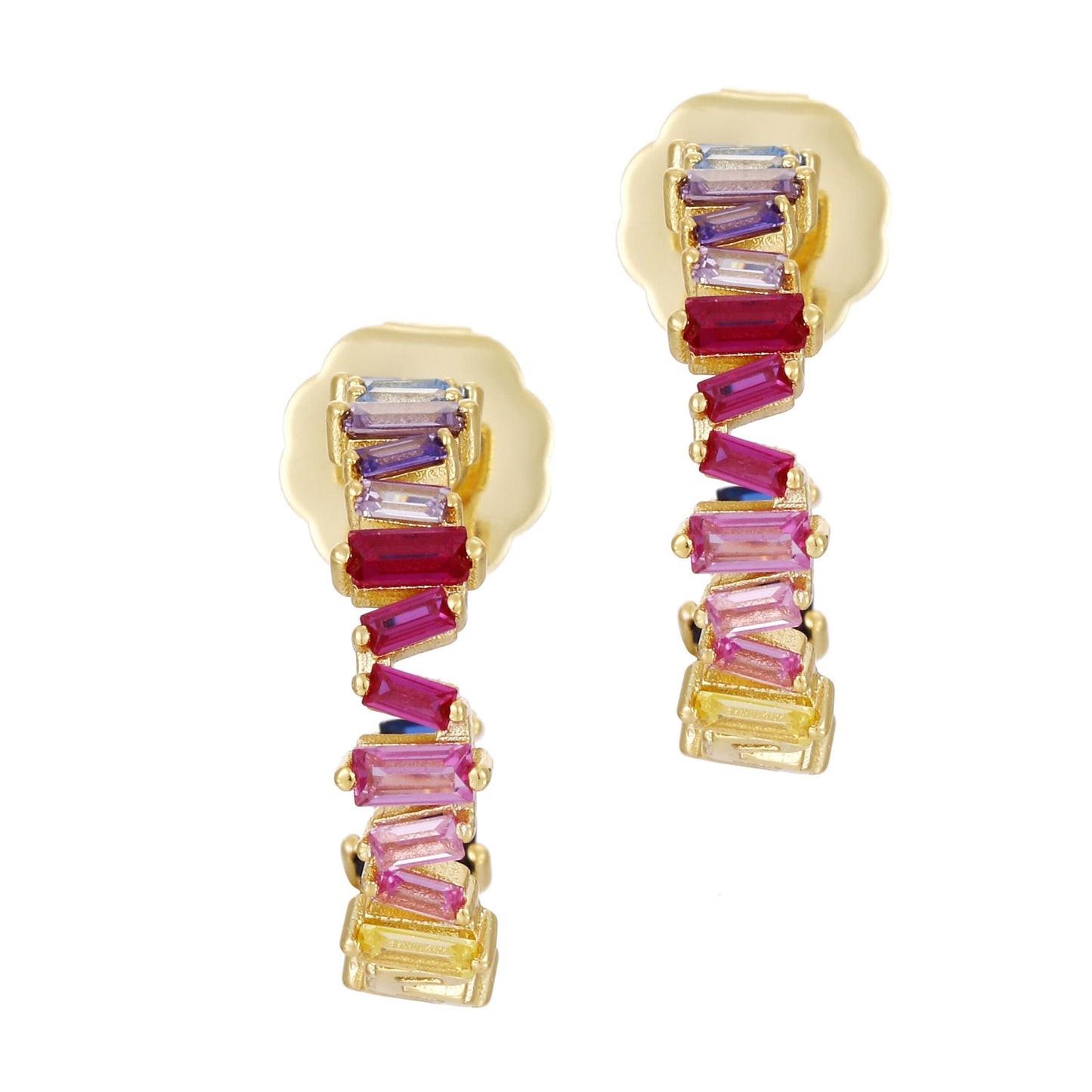 A pair of gold hoop earrings with multicolored gemstone accents.