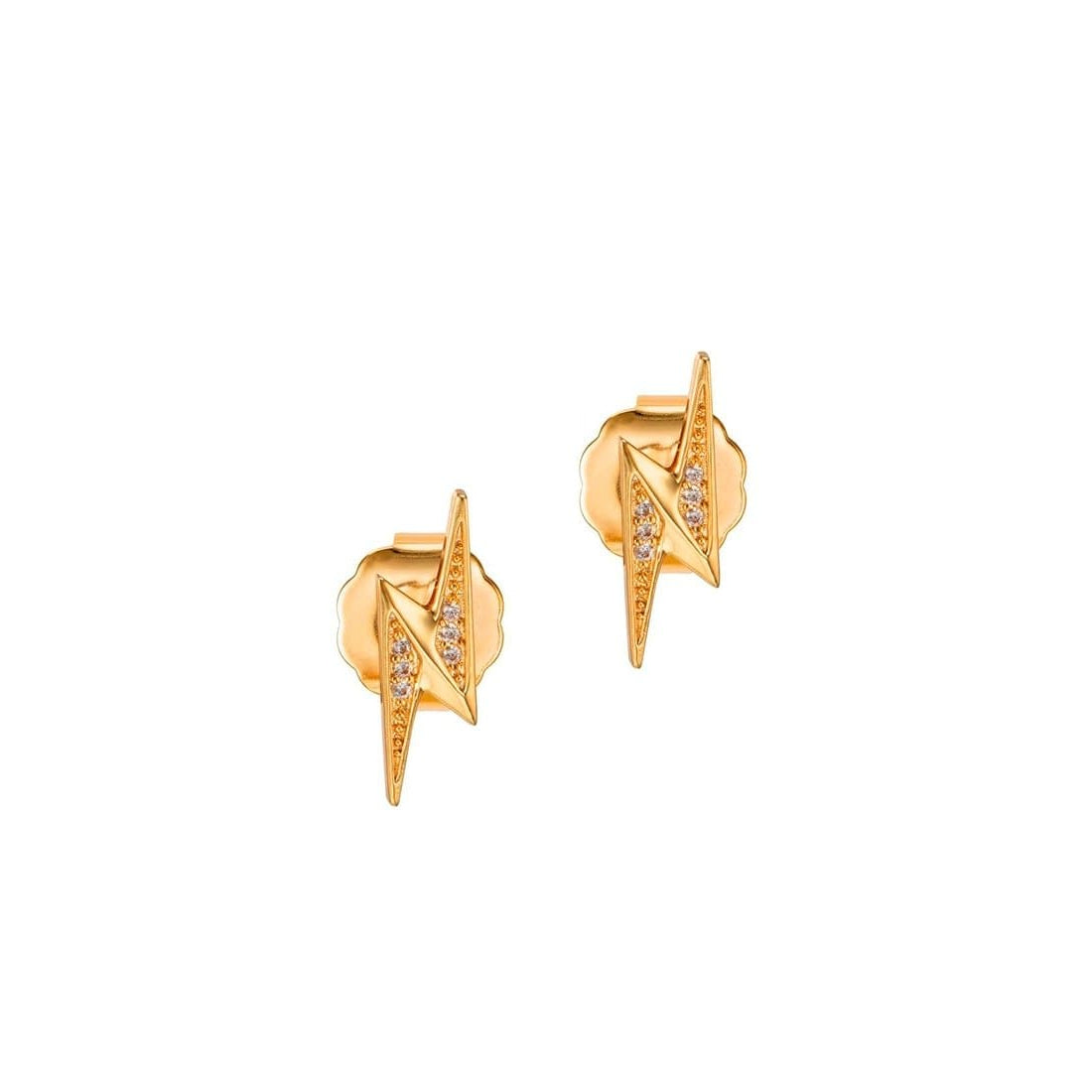 A pair of gold-colored 'Oriana' earrings featuring a geometric design with small embellishments.