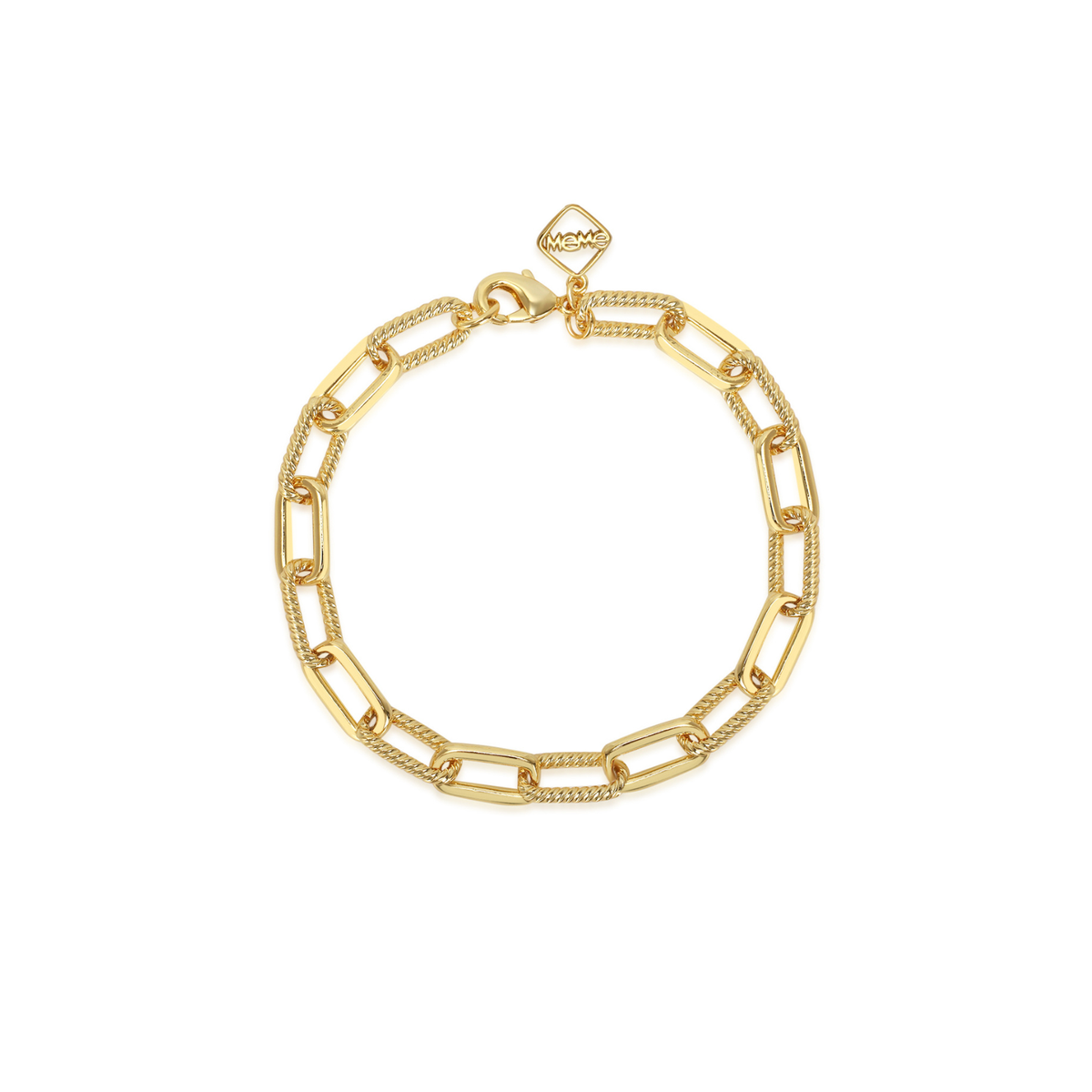 A gold chain bracelet with alternating polished and textured links, displayed in a circular shape on a plain white background.