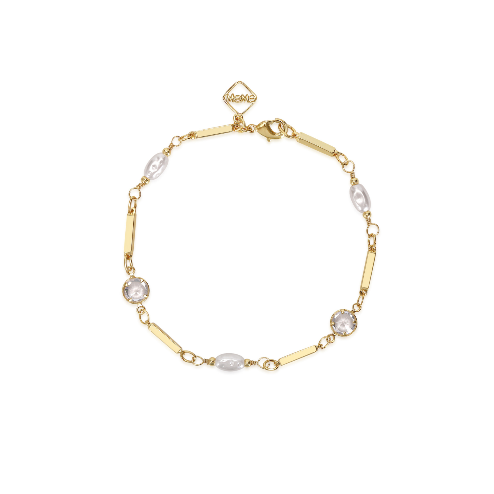 A gold chain bracelet with alternating polished round bezel-set clear crystals and elongated oval pearls, featuring a small diamond-shaped clasp engraved with the brand name 'MEME'.