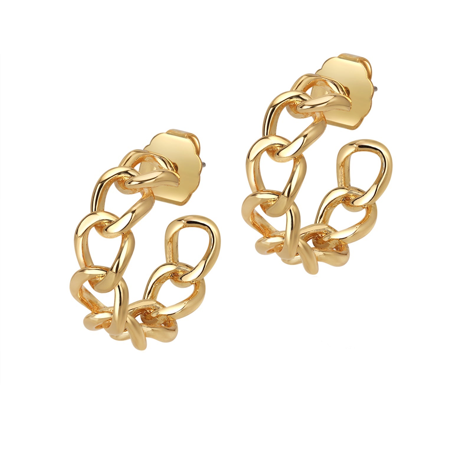 A pair of gold-colored chunky chain hoop earrings.