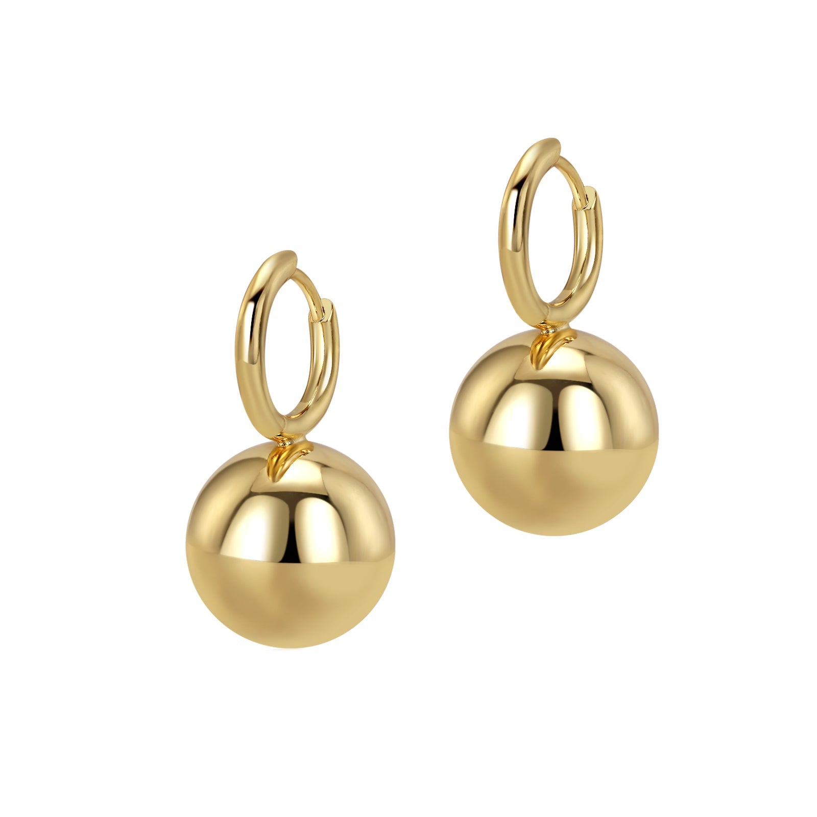 Gold hoop earrings with round pendants on a white background