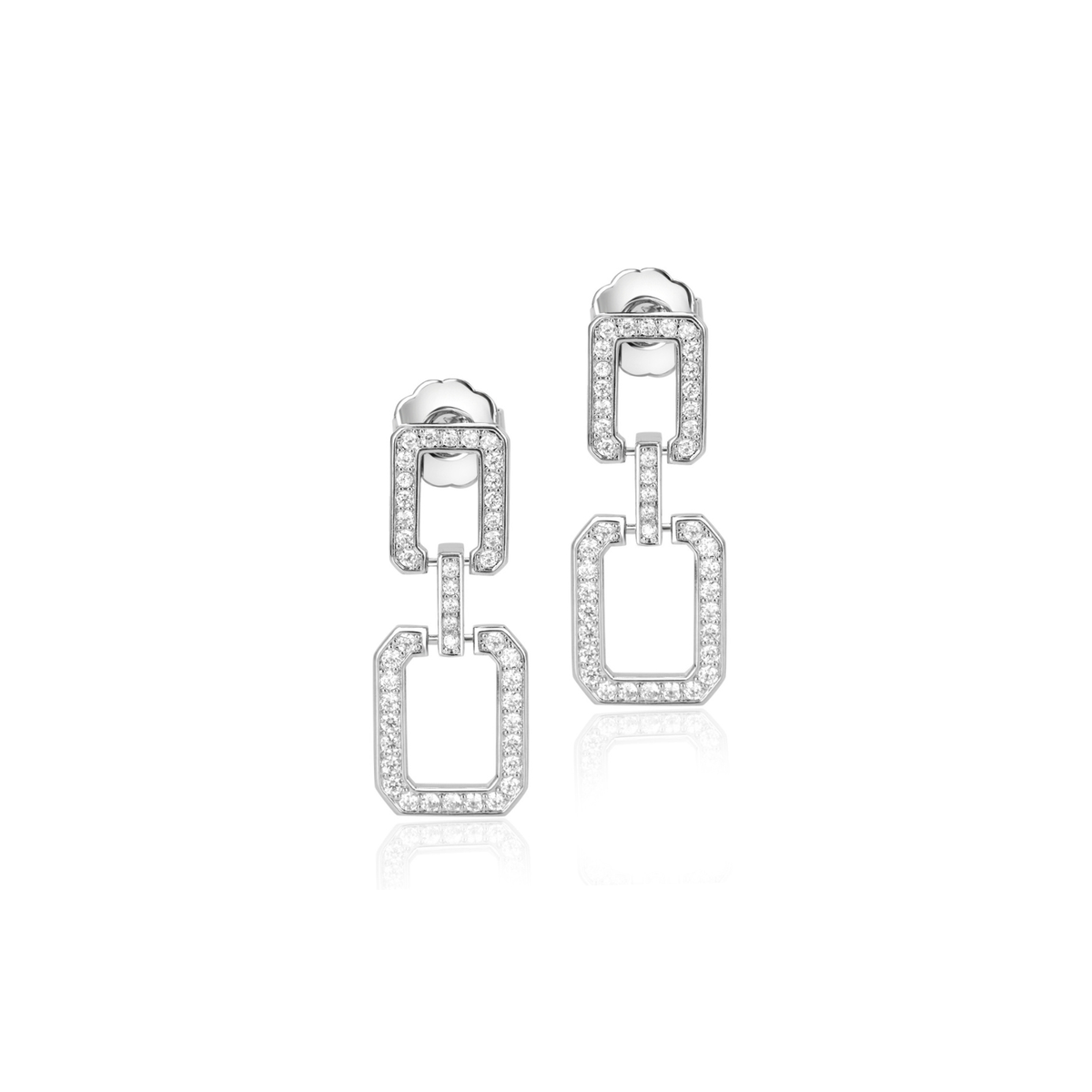 A pair of silver-toned geometric drop earrings with clear pavé stones, displayed on a clean white background with a soft reflection.
