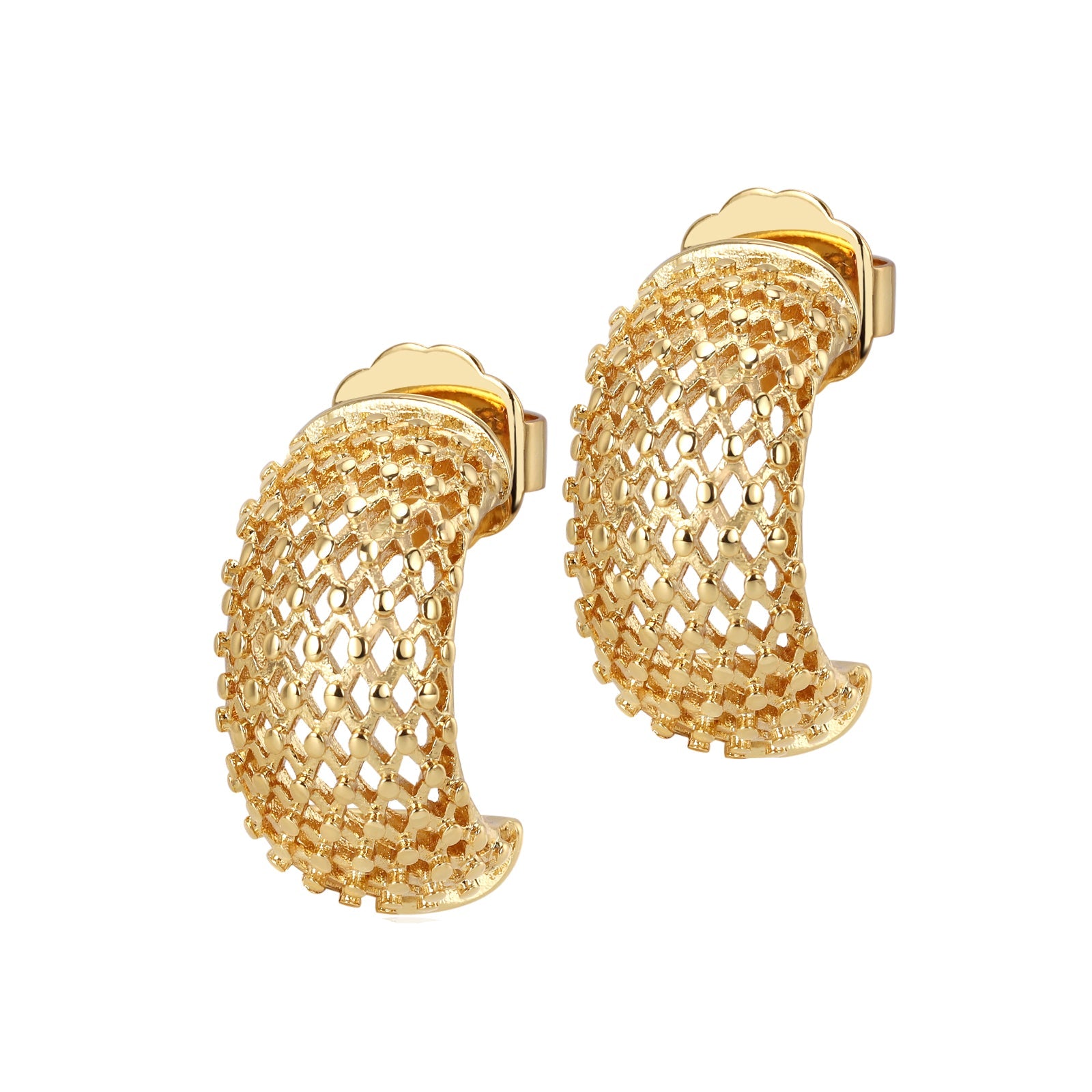 A pair of 18k recycled gold-plated earrings with an intricate mesh-inspired design and a bold curved silhouette.