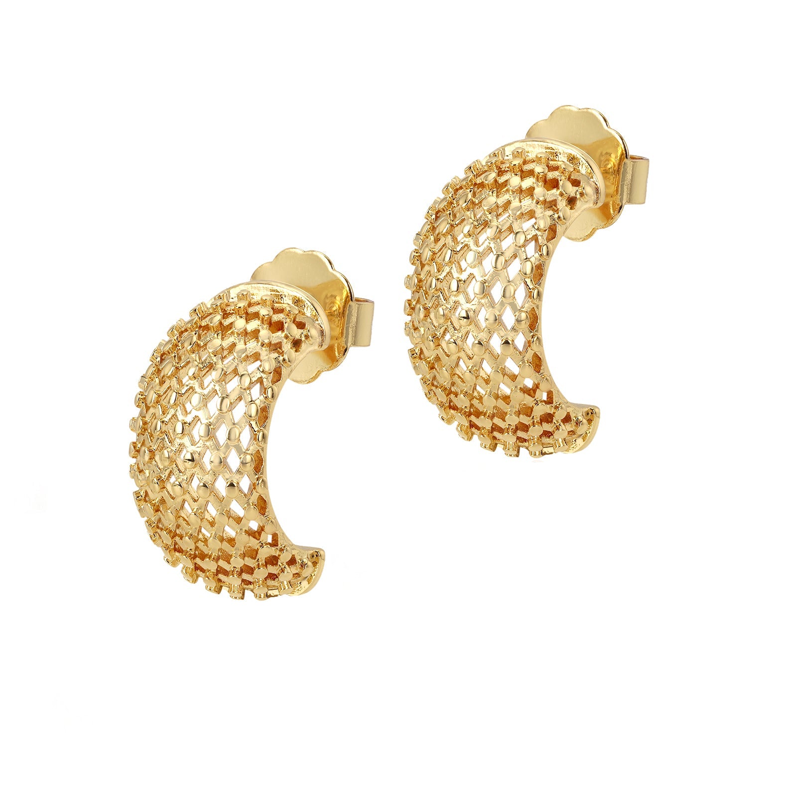 A pair of gold-colored hoop earrings with a textured pattern, dipped in 18K gold.
