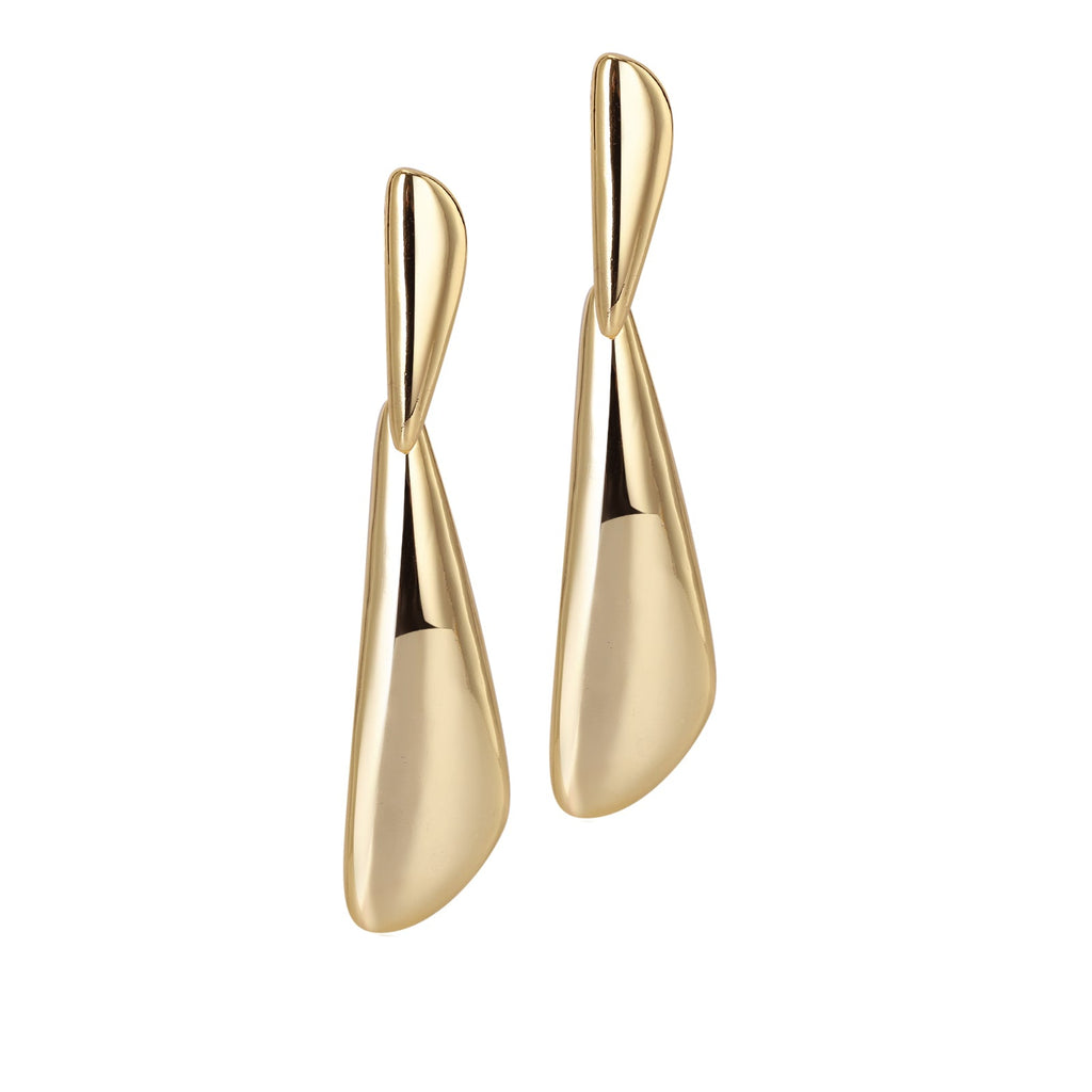 A pair of gold-plated teardrop-shaped earrings with a shiny finish.