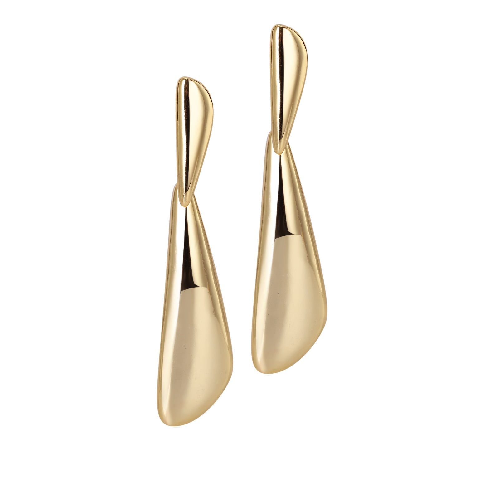 A pair of gold-plated teardrop-shaped earrings with a shiny finish.