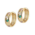 A pair of gold-plated brass hoop earrings with pastel-colored AAA cubic zirconia stones, crafted in a bold huggie style.