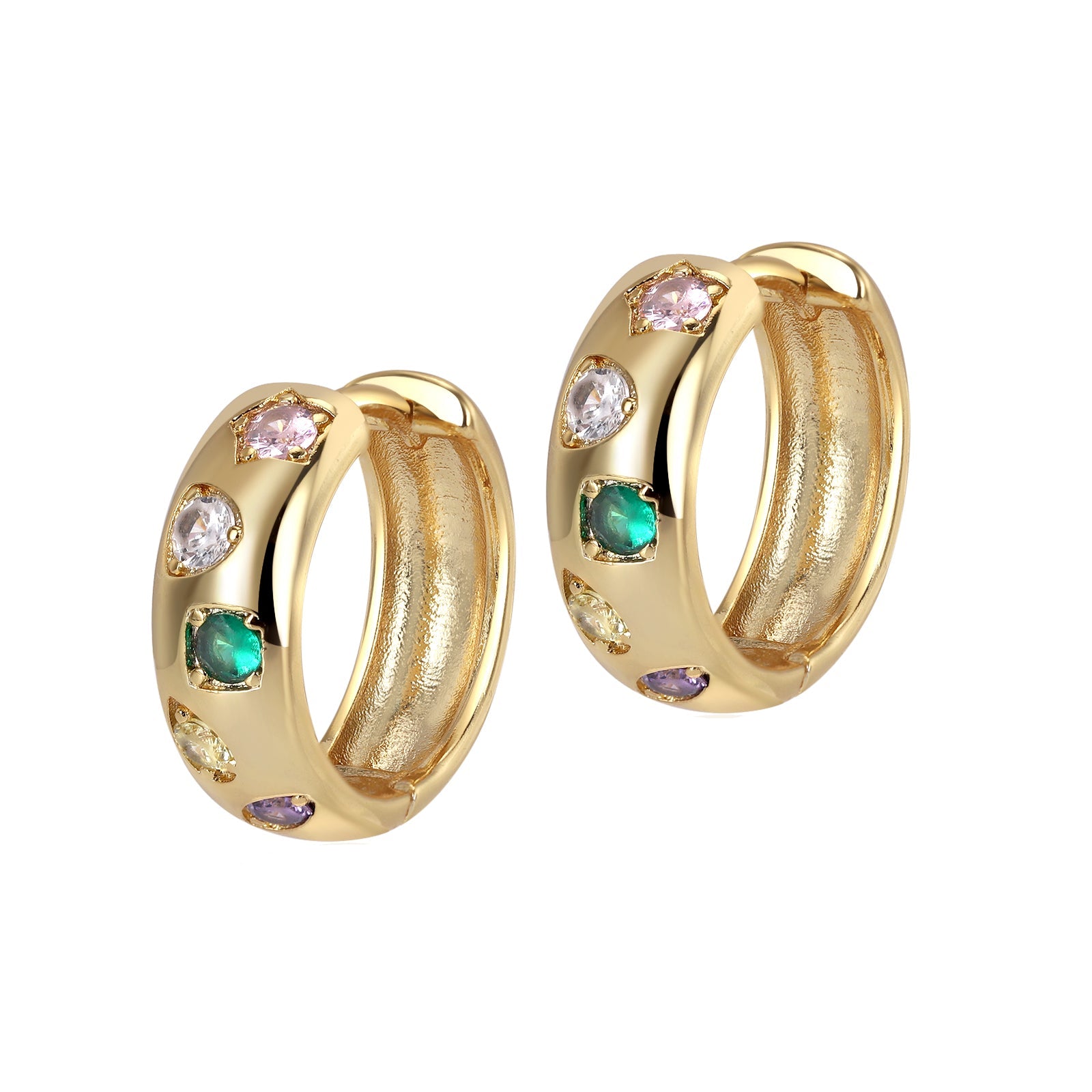 A pair of gold-plated brass hoop earrings with pastel-colored AAA cubic zirconia stones, crafted in a bold huggie style.