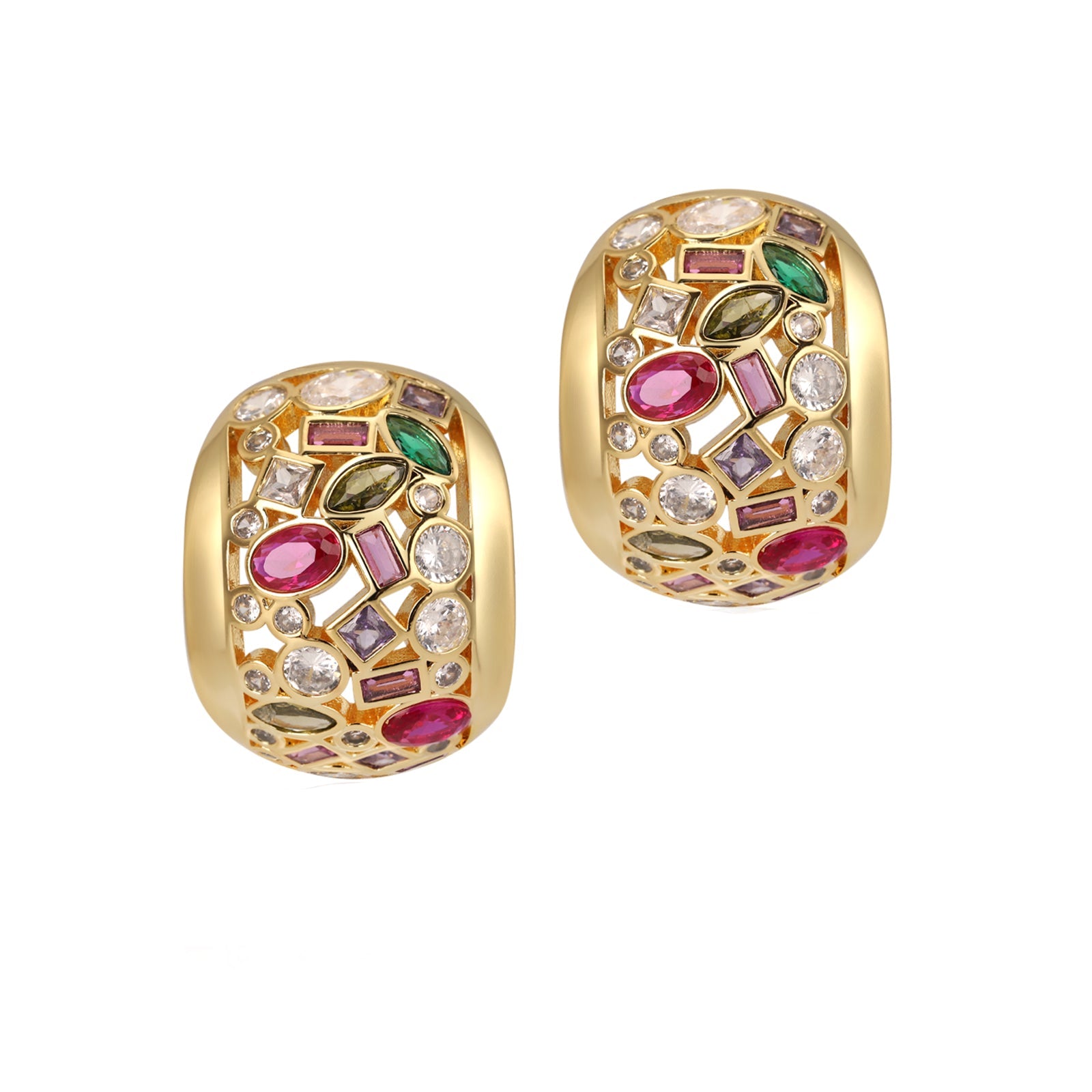 A pair of golden treasure earrings with multicolored gemstones set in a geometric pattern.