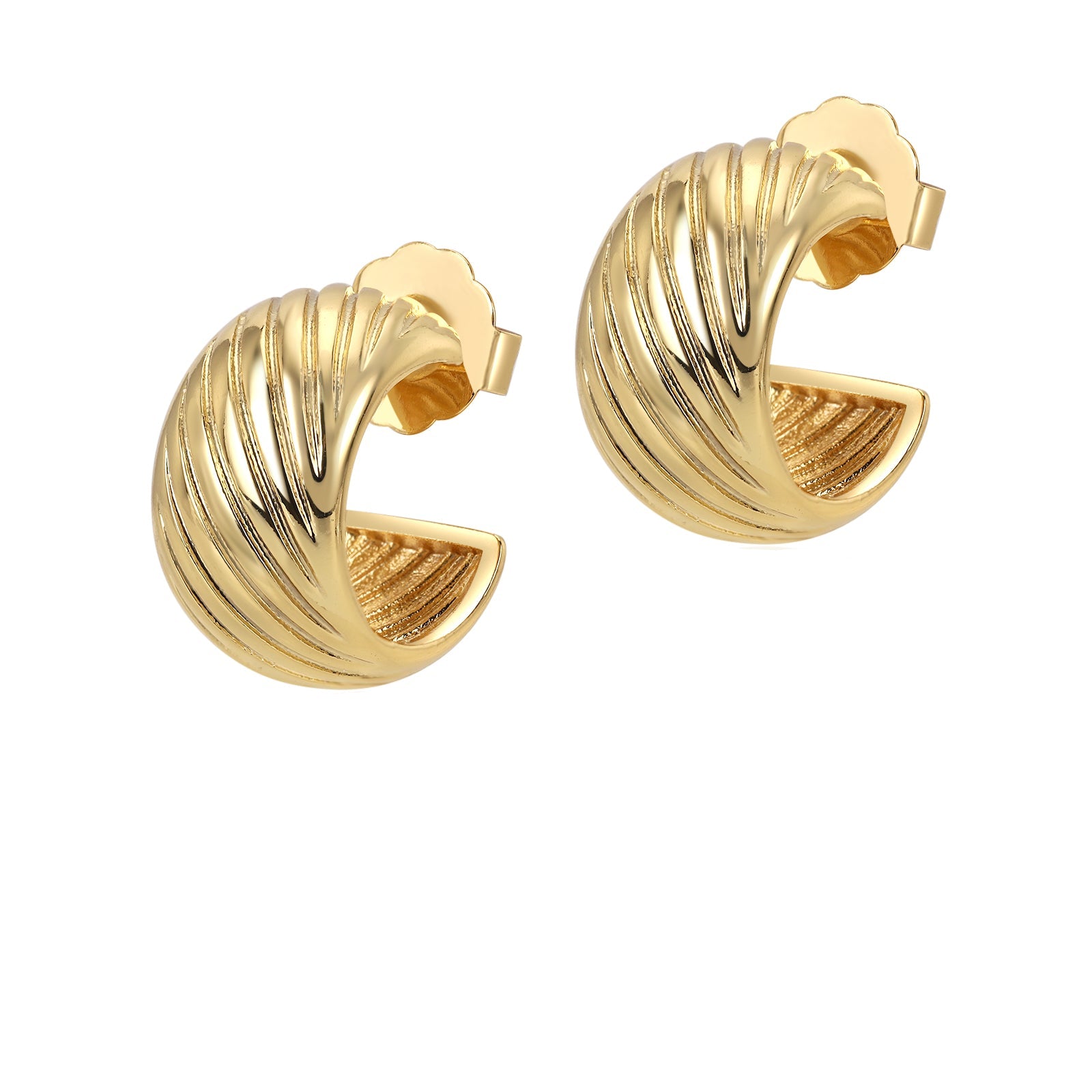 A pair of gold-colored earrings with a ridged texture and sculptural curves, designed for hoop earrings.