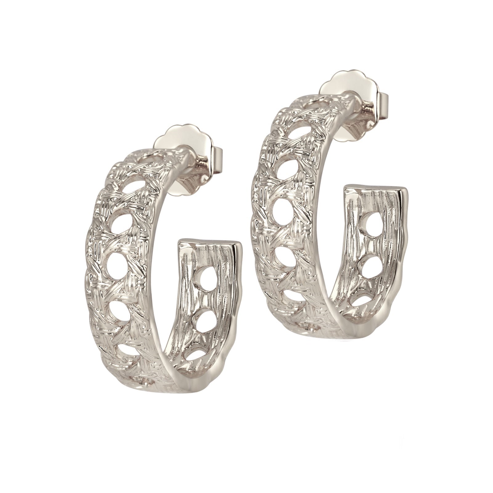 Silver hoop earrings with intricate design on a white background