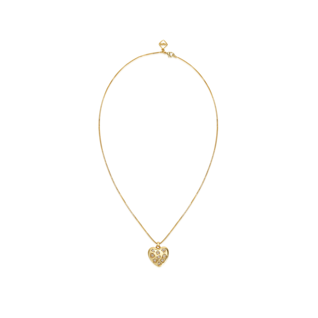 A delicate gold chain necklace with a small heart-shaped pendant featuring the word 'LOVE' in a cutout pattern, displayed on a clean white background.