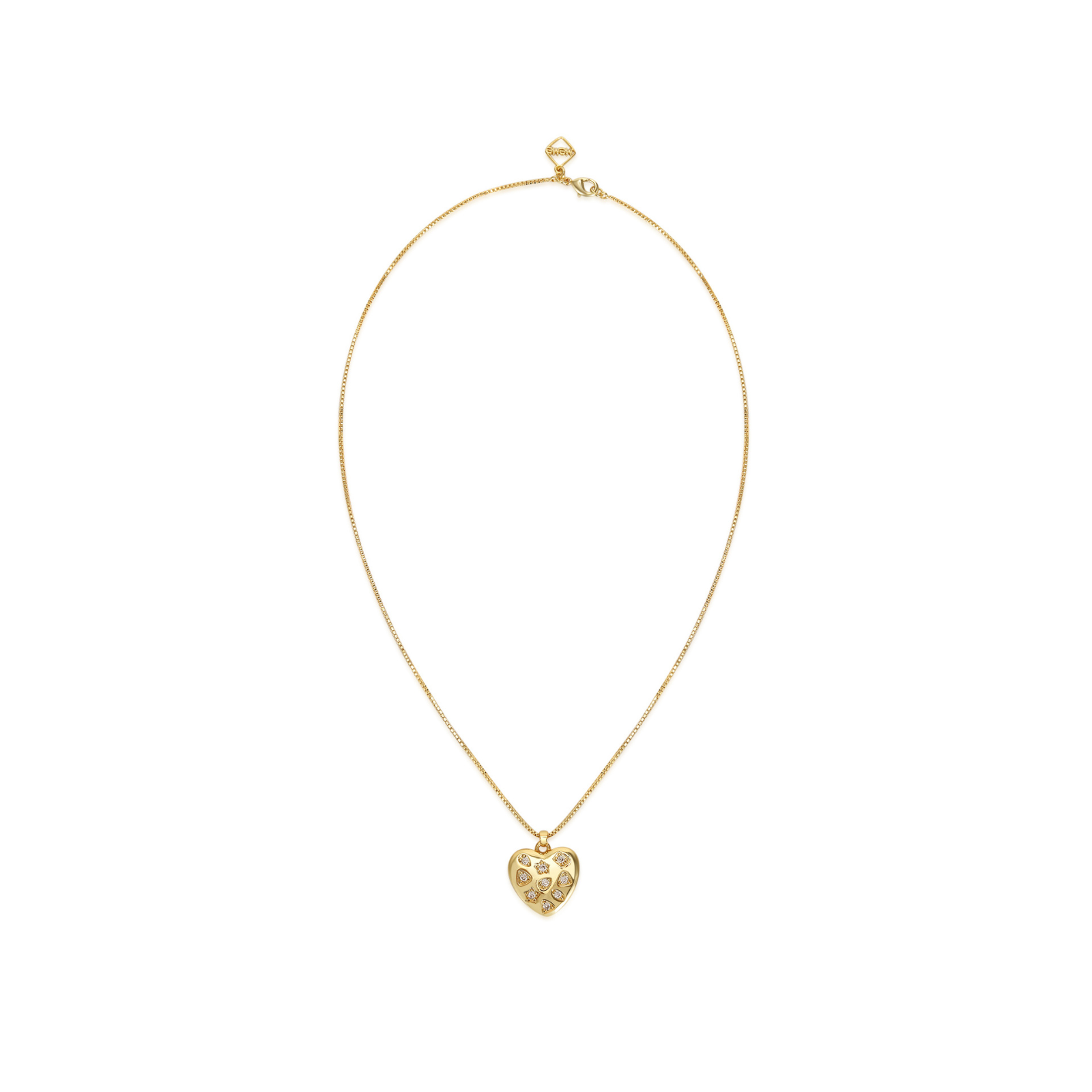 A delicate gold chain necklace with a small heart-shaped pendant featuring the word 'LOVE' in a cutout pattern, displayed on a clean white background.