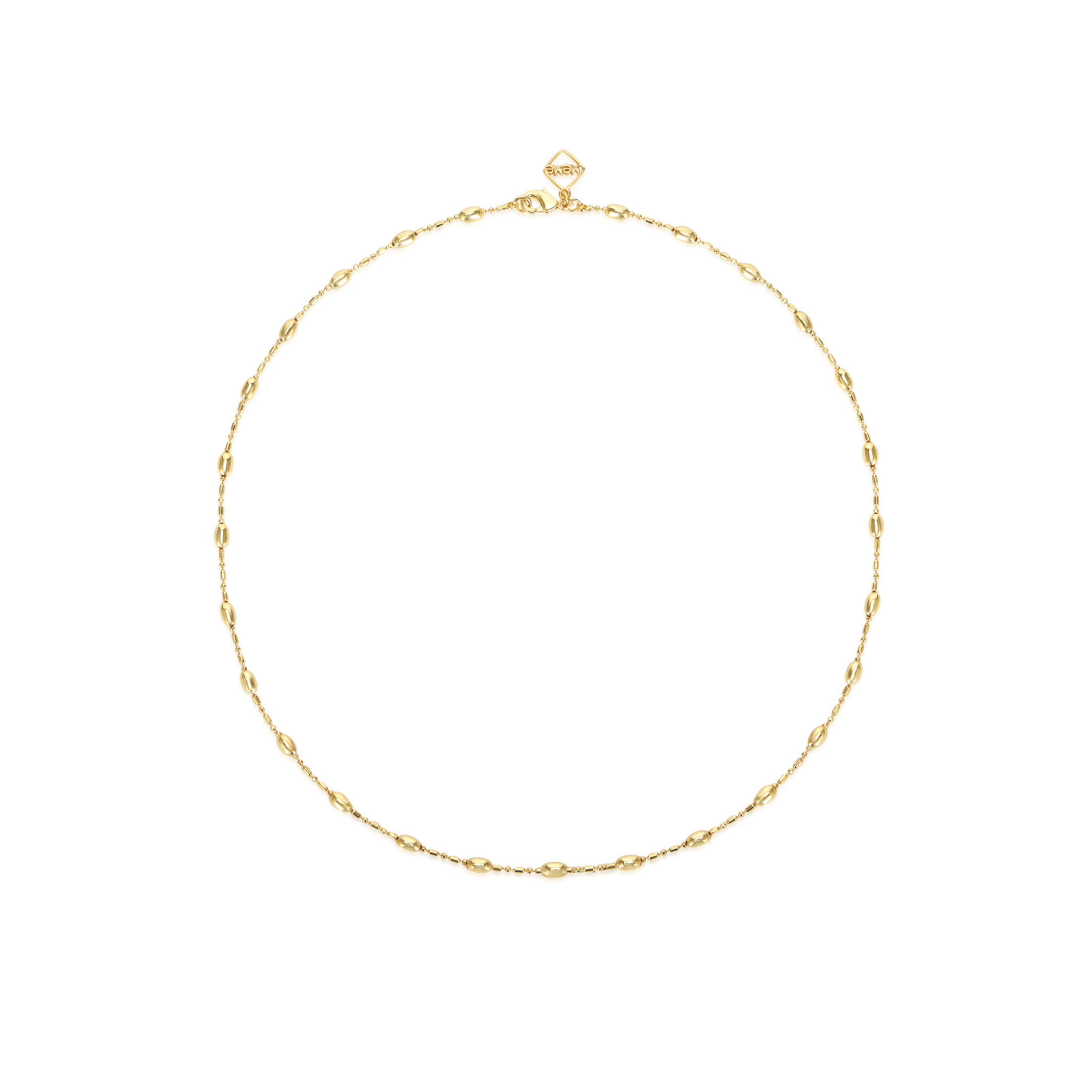 A delicate gold chain necklace with small oval links and a small faceted bead clasp, displayed on a clean white background.