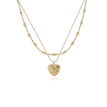 A gold double-layer necklace featuring a textured heart-shaped pendant adorned with small clear crystals, displayed on a clean white background.
