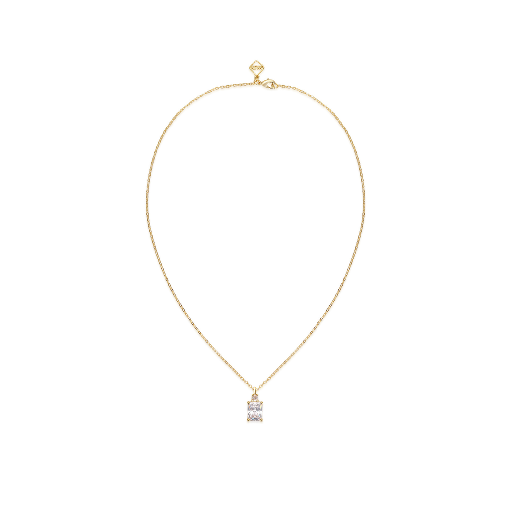 A delicate gold chain necklace with a small rectangular clear gemstone pendant, displayed on a clean white background.