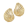 A pair of gold-colored earrings with a shell-inspired design, featuring intricate detailing and a glossy finish.
