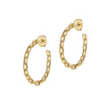 Gold hoop earrings with chain detail on a white background