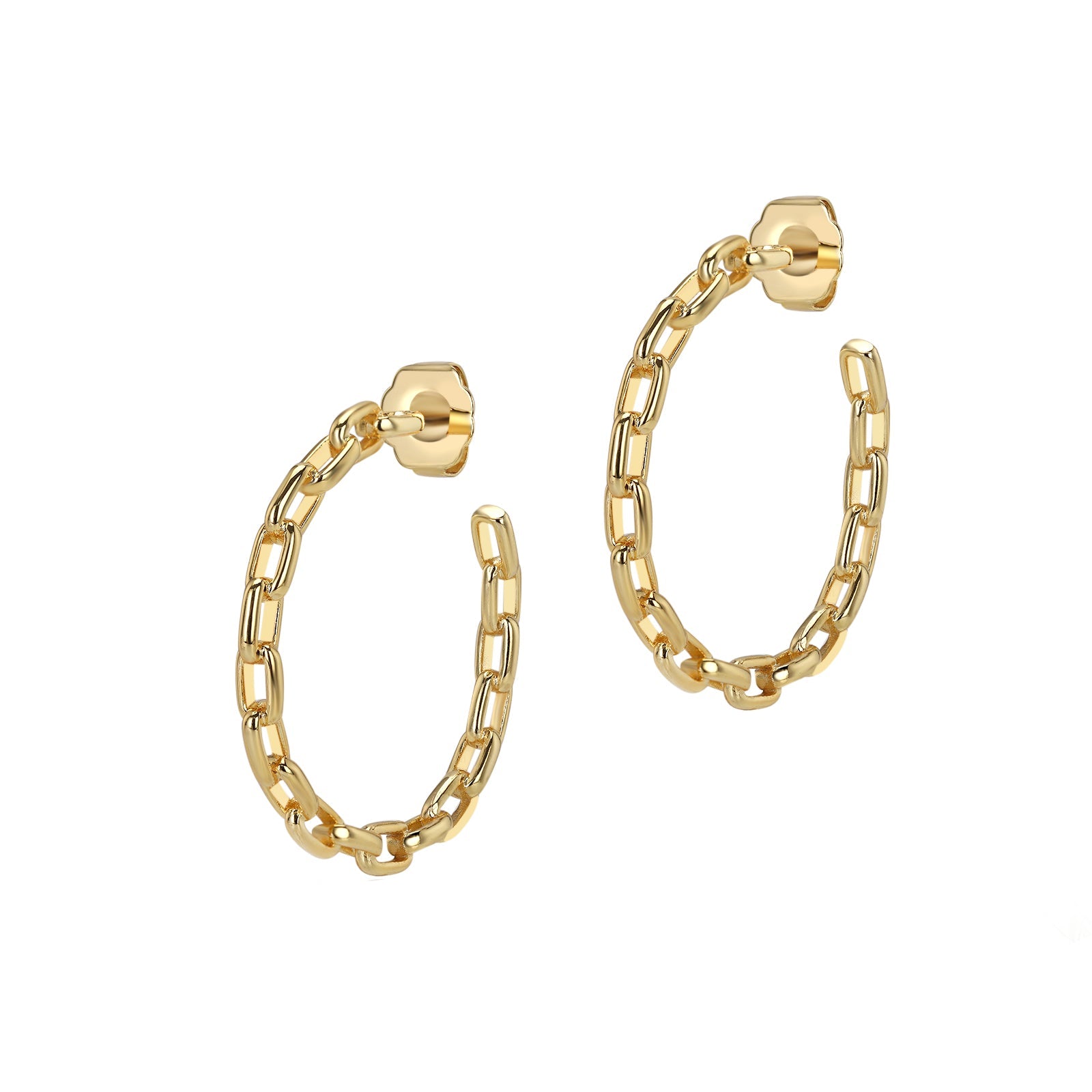 Gold hoop earrings with chain detail on a white background