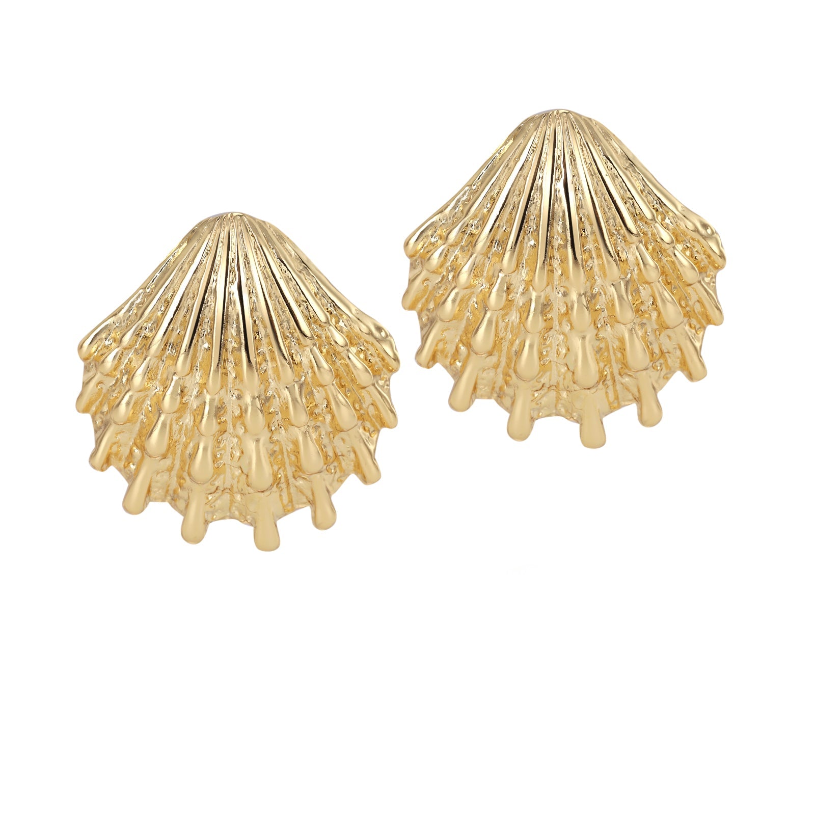 A pair of gold-plated brass earrings with a seashell silhouette design.