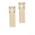 A pair of gold-colored earrings featuring cascading chains and a central pearl with AAA CZ stones, designed for evenings or special occasions.
