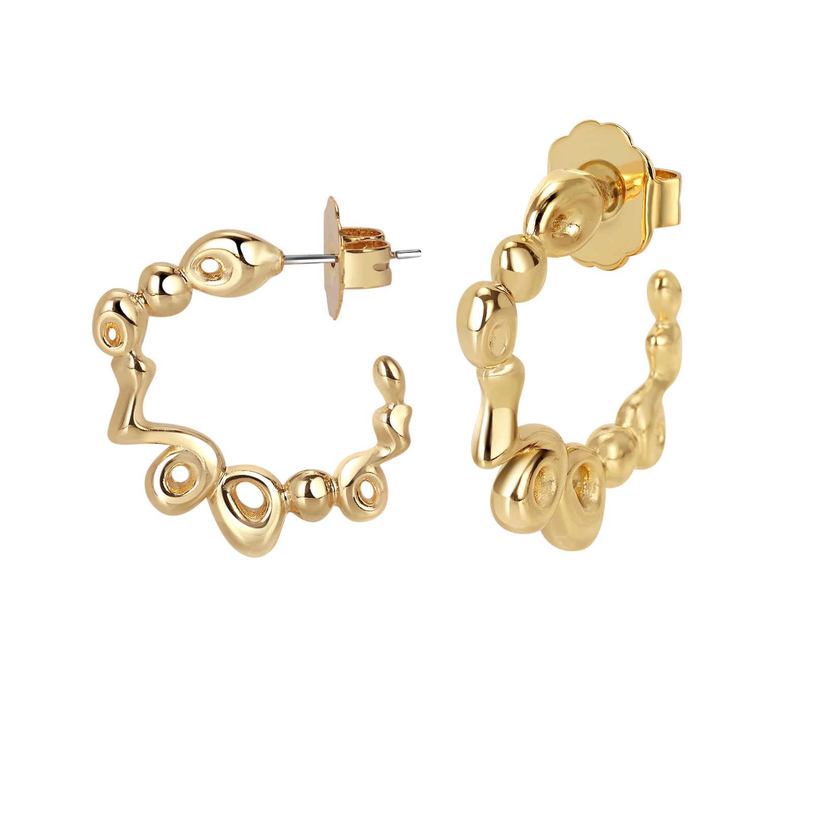 A pair of gold-plated brass hoop earrings with a textured, sculptural design, reflecting light on a white background.