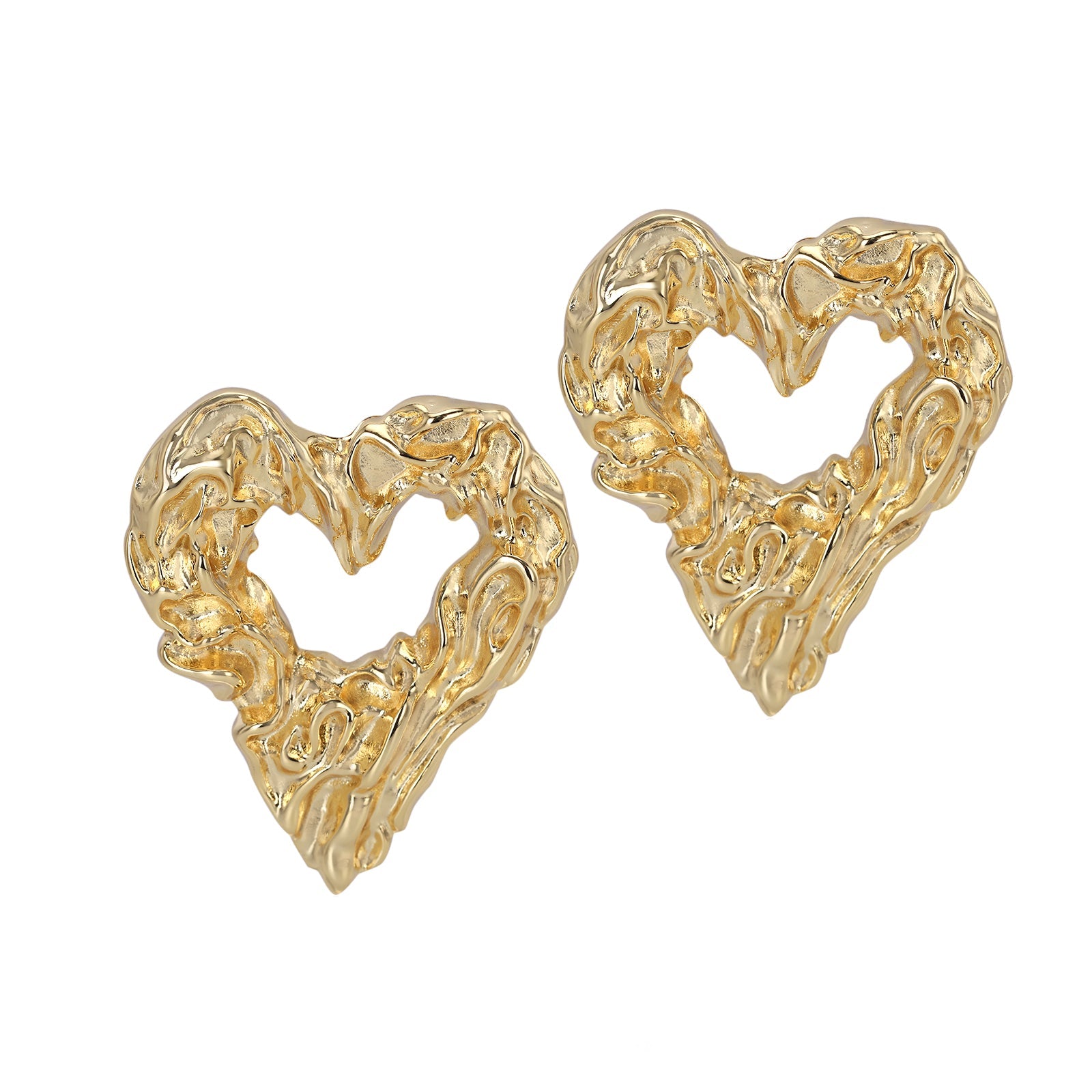A pair of 18k recycled gold plated earrings with a sculptural heart design and a molten texture, crafted in brass.