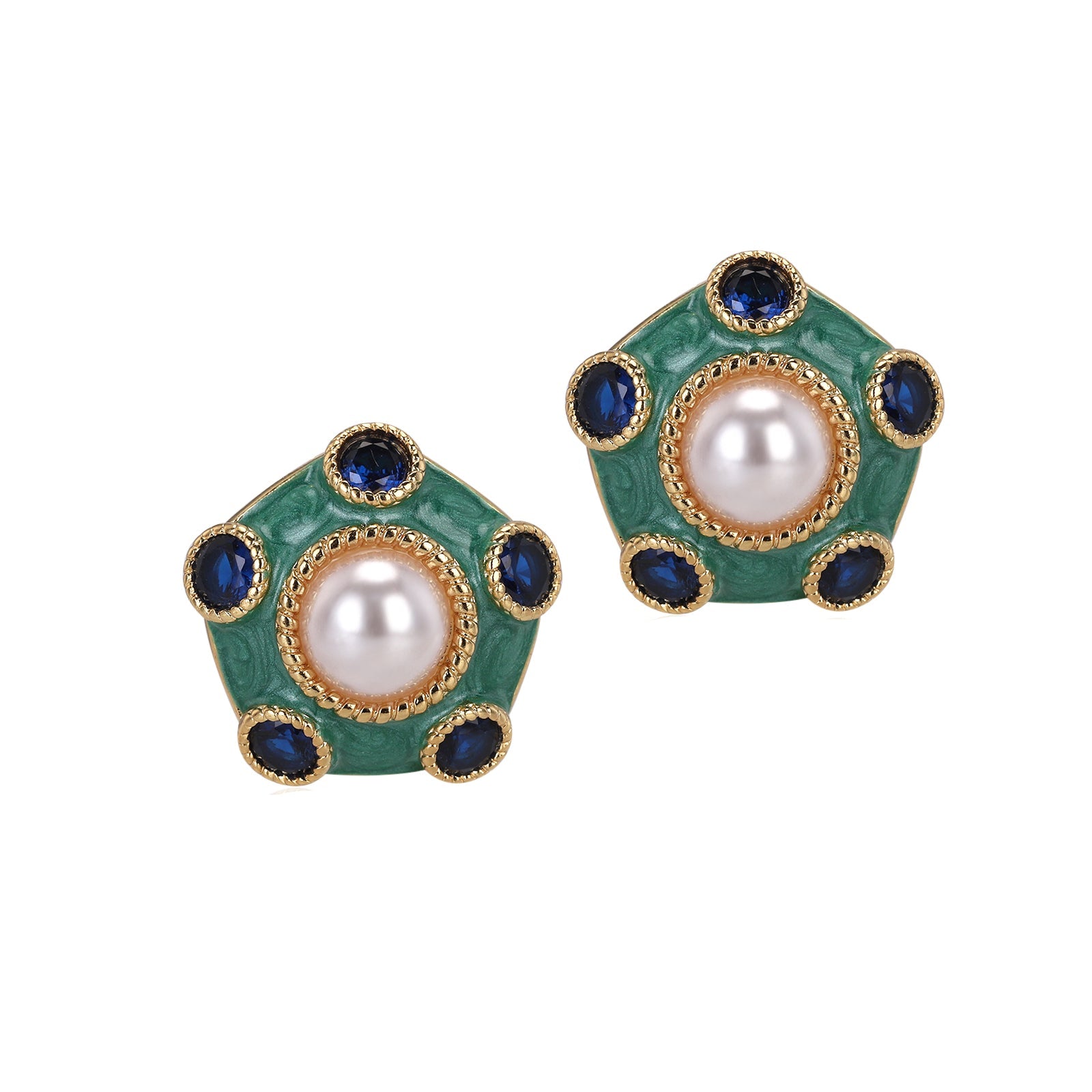 Pair of earrings with green, blue, and pearl-like stones on a white background