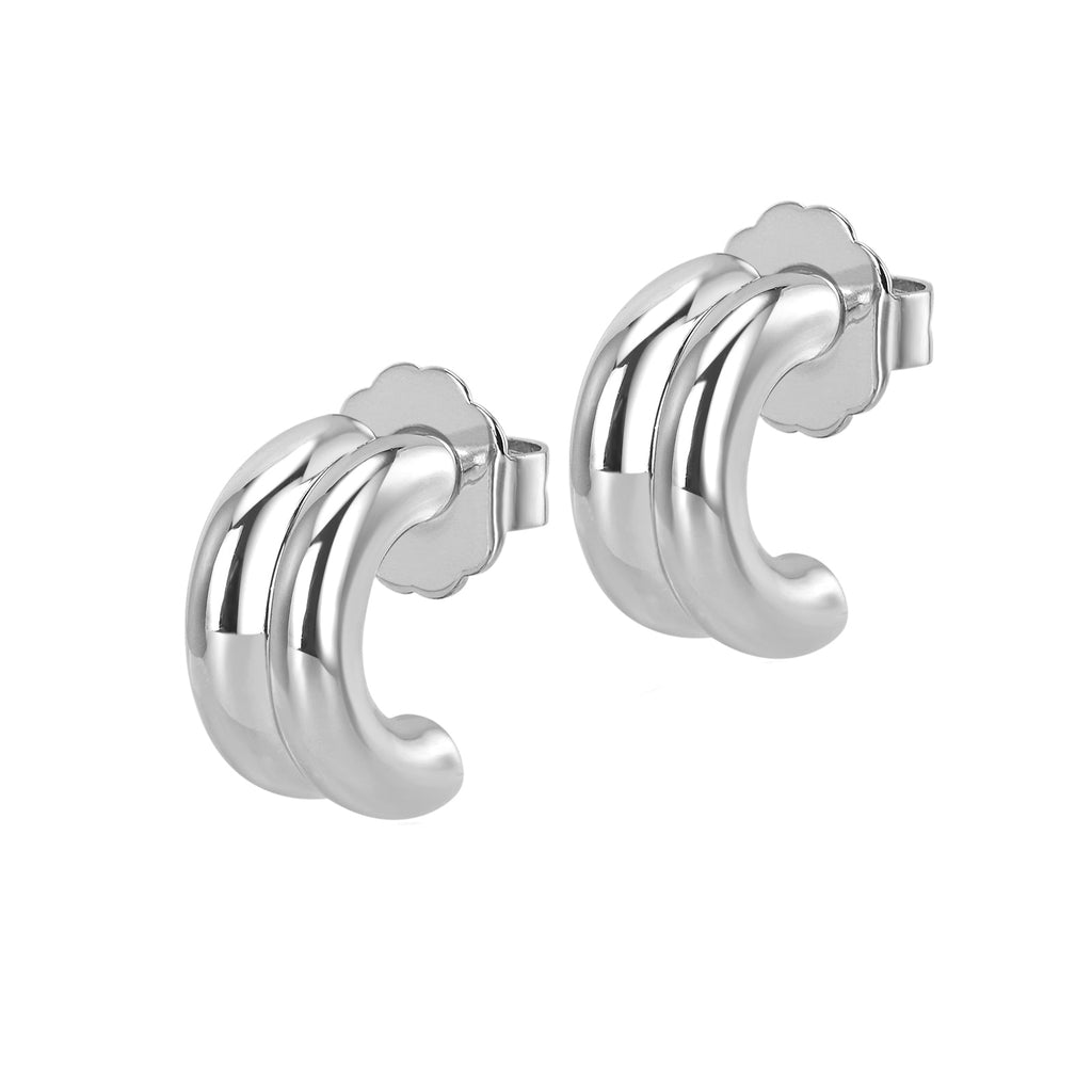 A pair of gold-colored hoop earrings with a triple-curve design, crafted from brass, displayed against a white background.