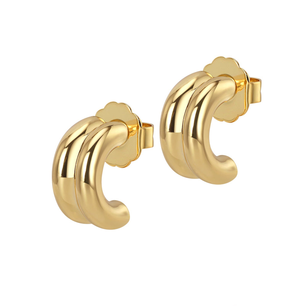 A pair of gold-colored hoop earrings with a triple-curve design, crafted from brass, displayed against a white background.