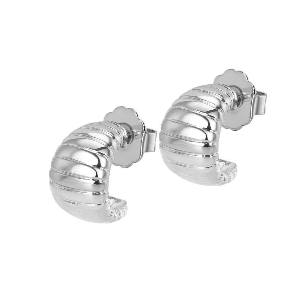 A pair of gold-colored textured curved hoop earrings with a croissant-inspired silhouette.