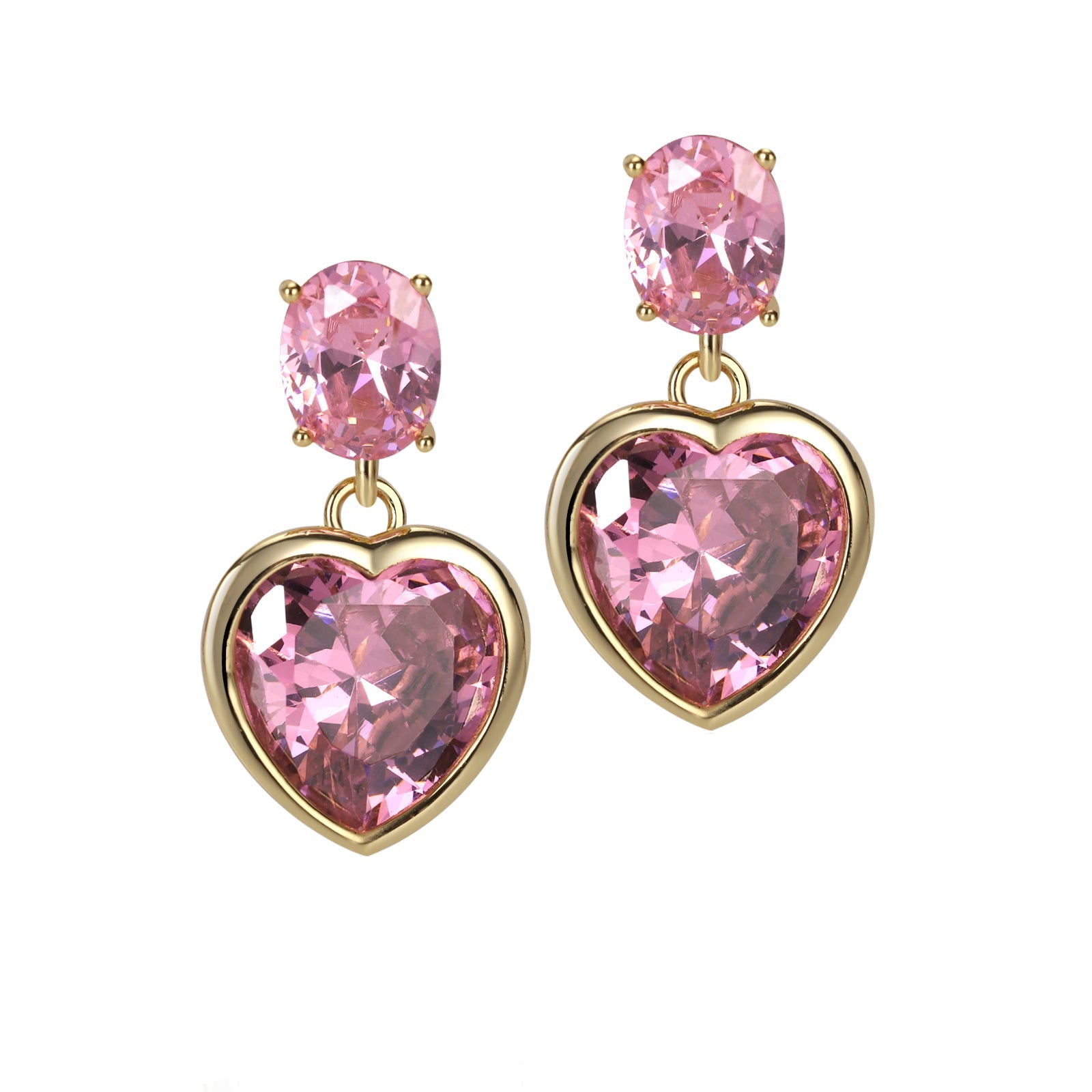 A pair of 18k recycled gold earrings with oversized pink AAA cubic zirconia set in heart and oval shapes.