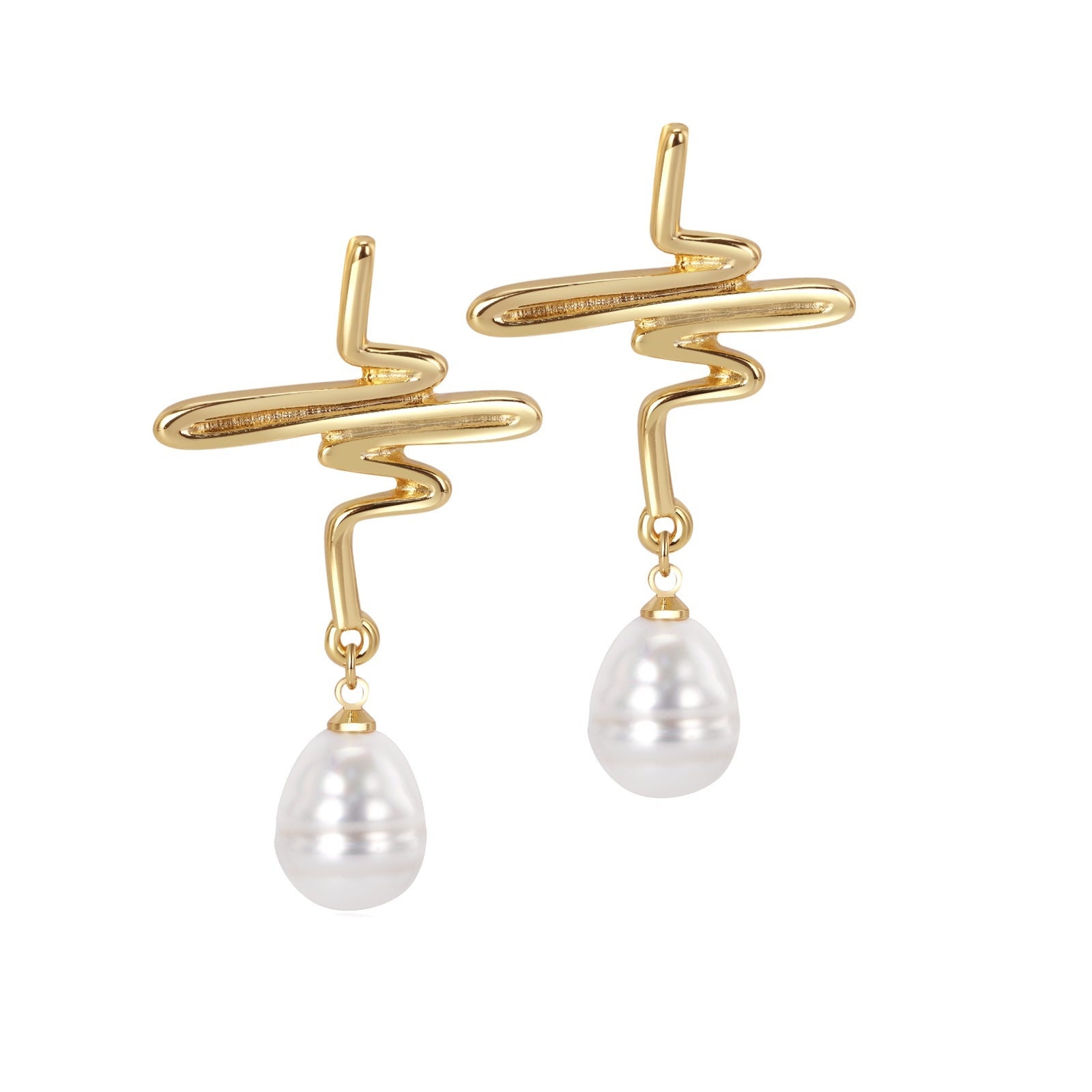 A pair of gold-plated earrings with swirl patterns and pearl drops.