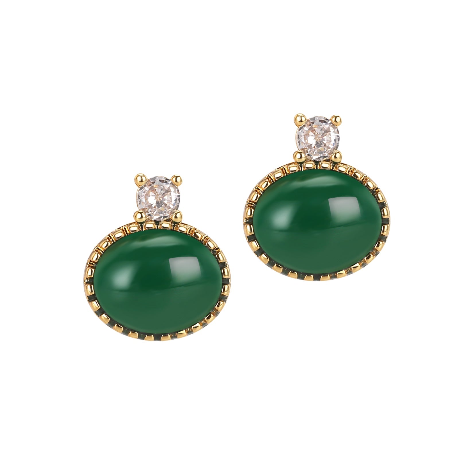 Pair of green stone earrings with gold and clear gemstone accents on a white background