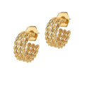 A pair of gold-colored hoop earrings with a triple twist design, displayed against a white background.