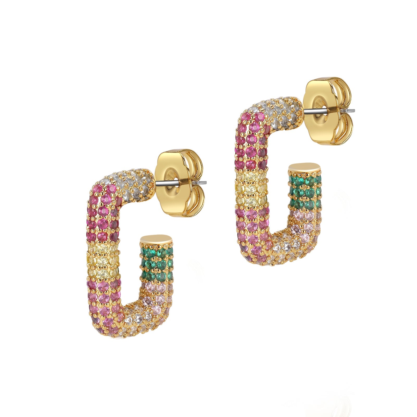 Gold hoop earrings with colorful gemstones on a white background