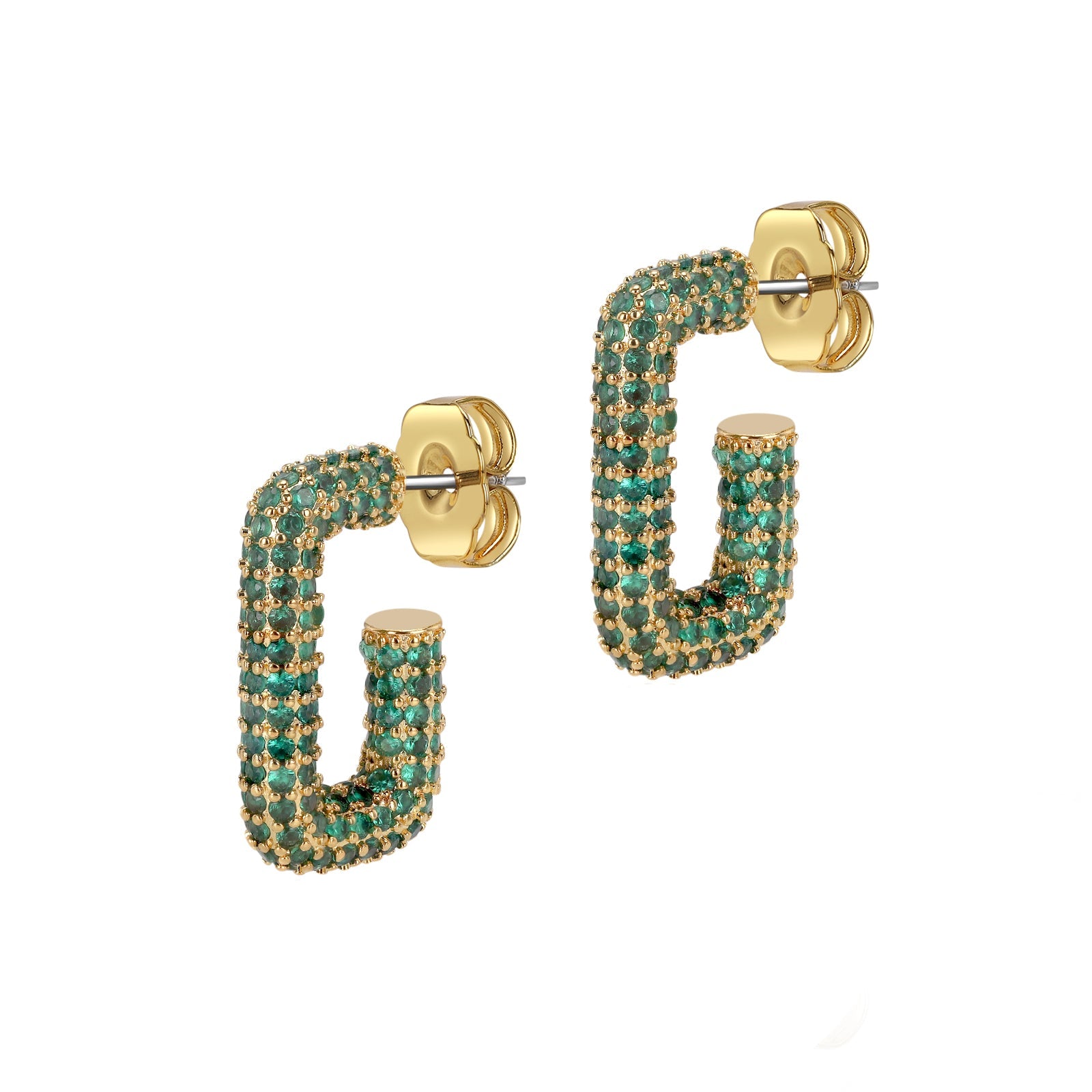Gold hoop earrings with green gemstones on a white background