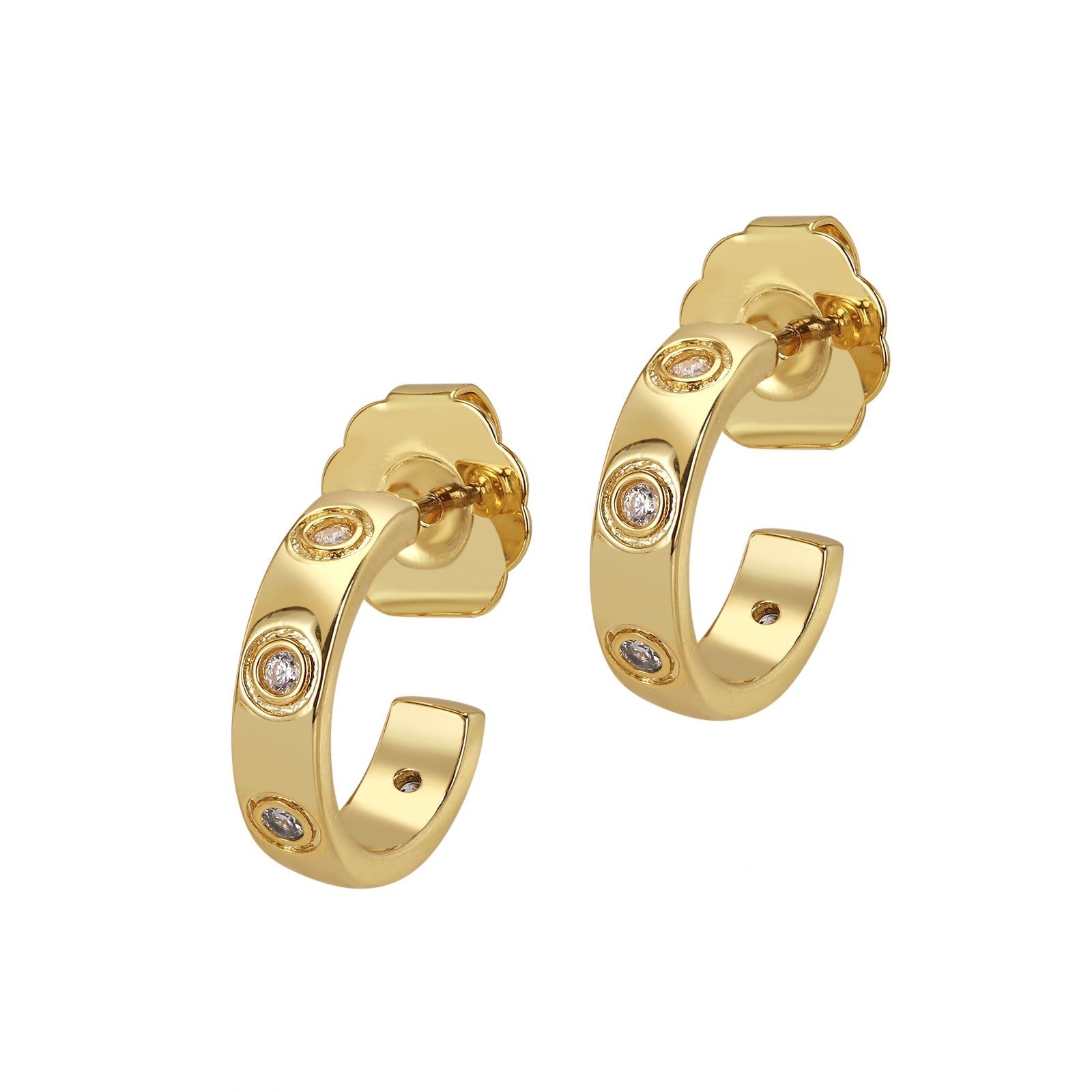 Gold hoop earrings with embedded diamonds on a white background