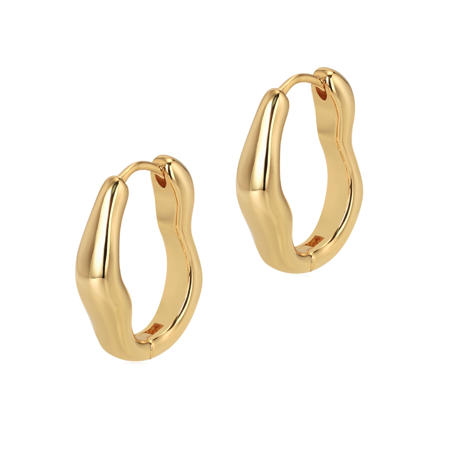 A pair of gold-colored hoop earrings with a wavy design.