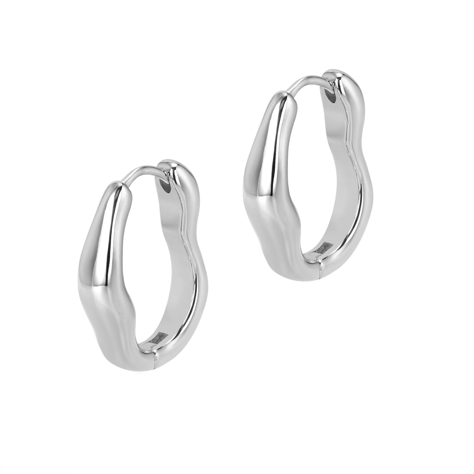 A pair of silver hoop earrings with a wave design, on a white background.