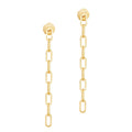 A pair of gold-colored drop earrings with linked chain design.