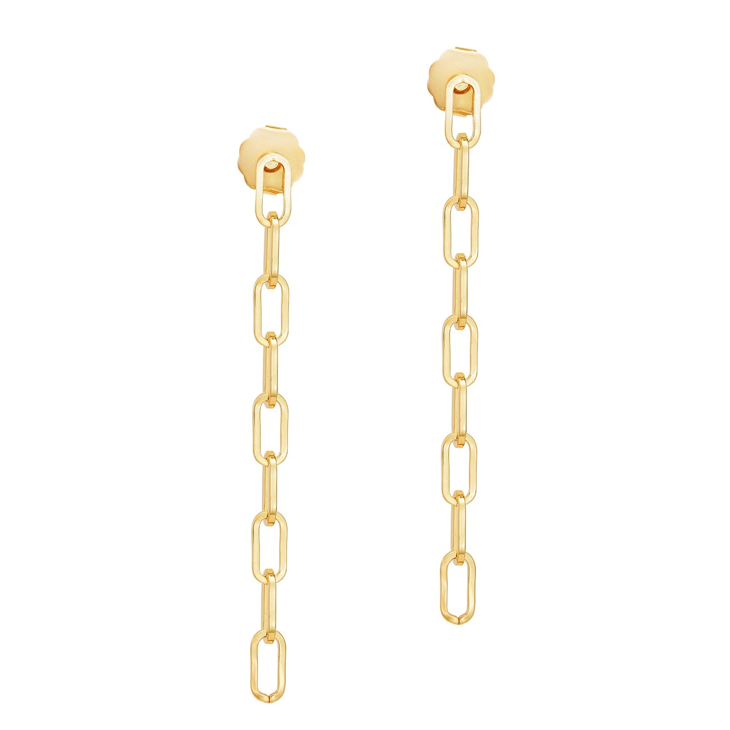 A pair of gold-colored drop earrings with linked chain design.