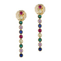 A pair of gold drop earrings featuring multicolored gemstones in a vertical line pattern.