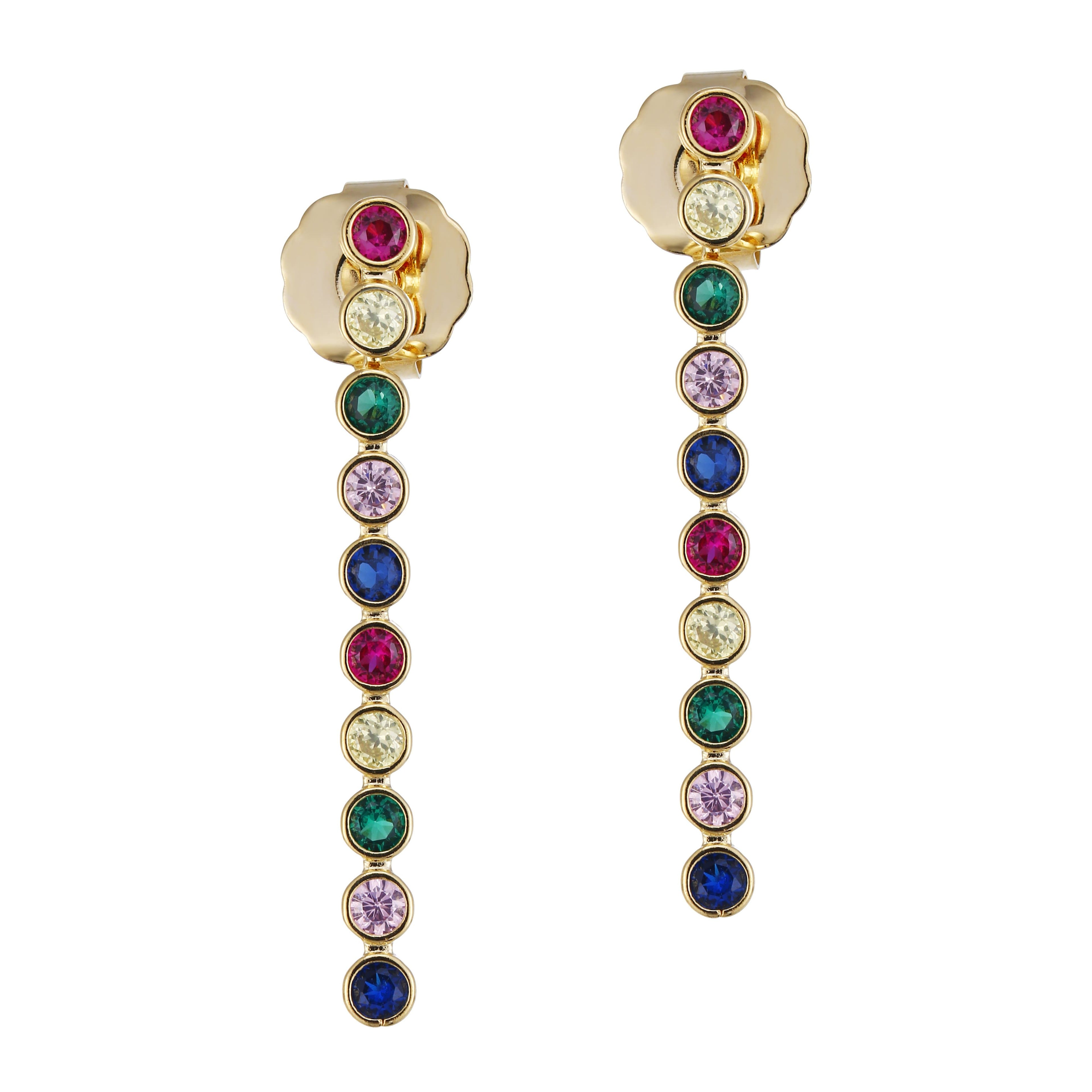 A pair of gold drop earrings featuring multicolored gemstones in a vertical line pattern.